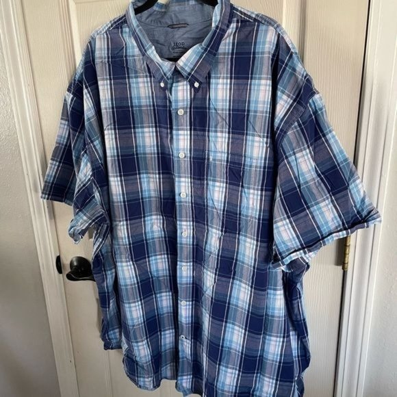 IZOD Saltwater 5X Relaxed Classic Blue Plaid Short Sleeve Button Up Shirt - Picture 8 of 15